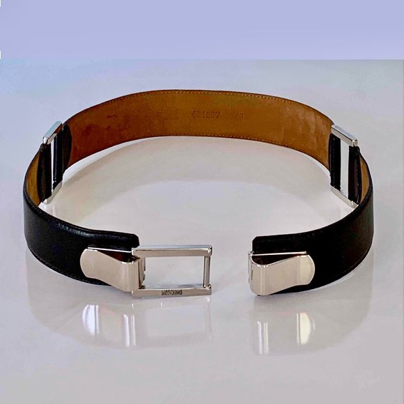 Moschino black 28⅛" long x 1½” wide leather belt w/silver closing and side links - Picture 1 of 8